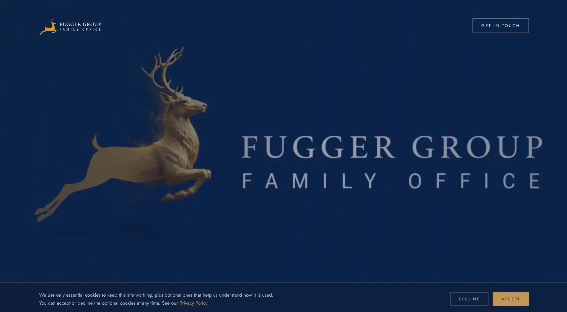 Fugger Group Family Office website opening view with a leaping stag on a deep blue background.