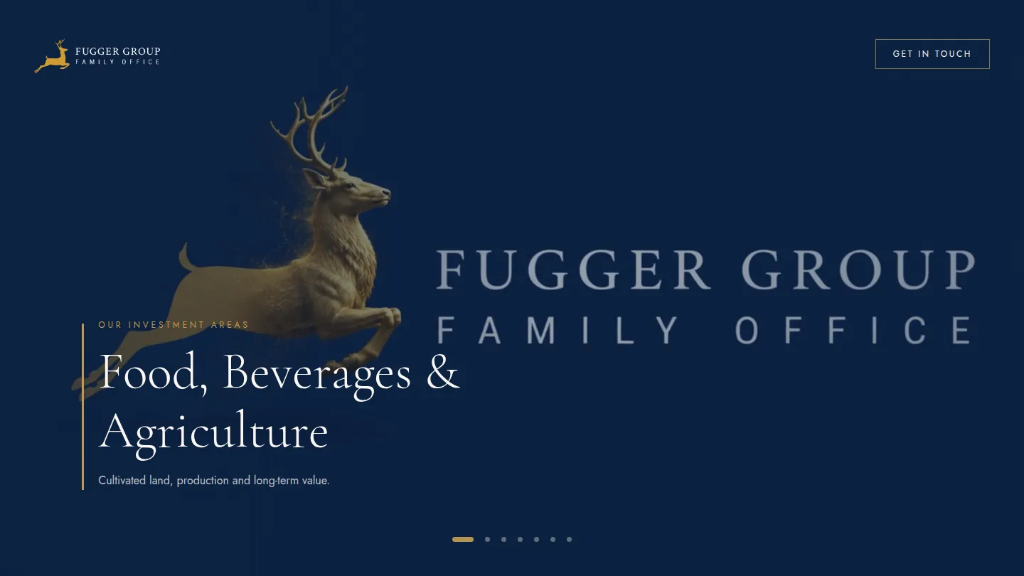 Fugger Group website scrolled to the Food, Beverages and Agriculture investment area.
