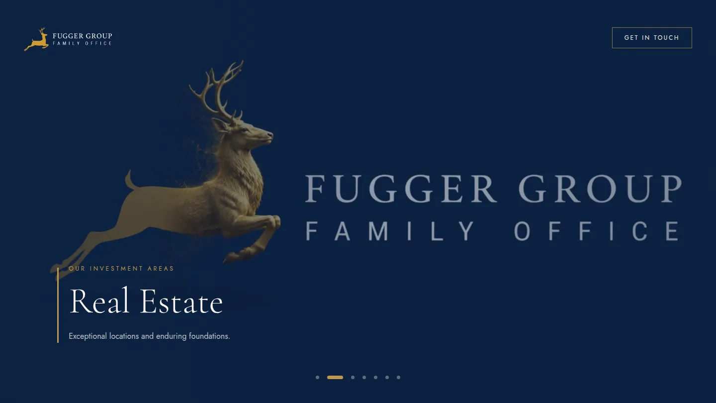 Fugger Group website scrolled to the Real Estate investment area.