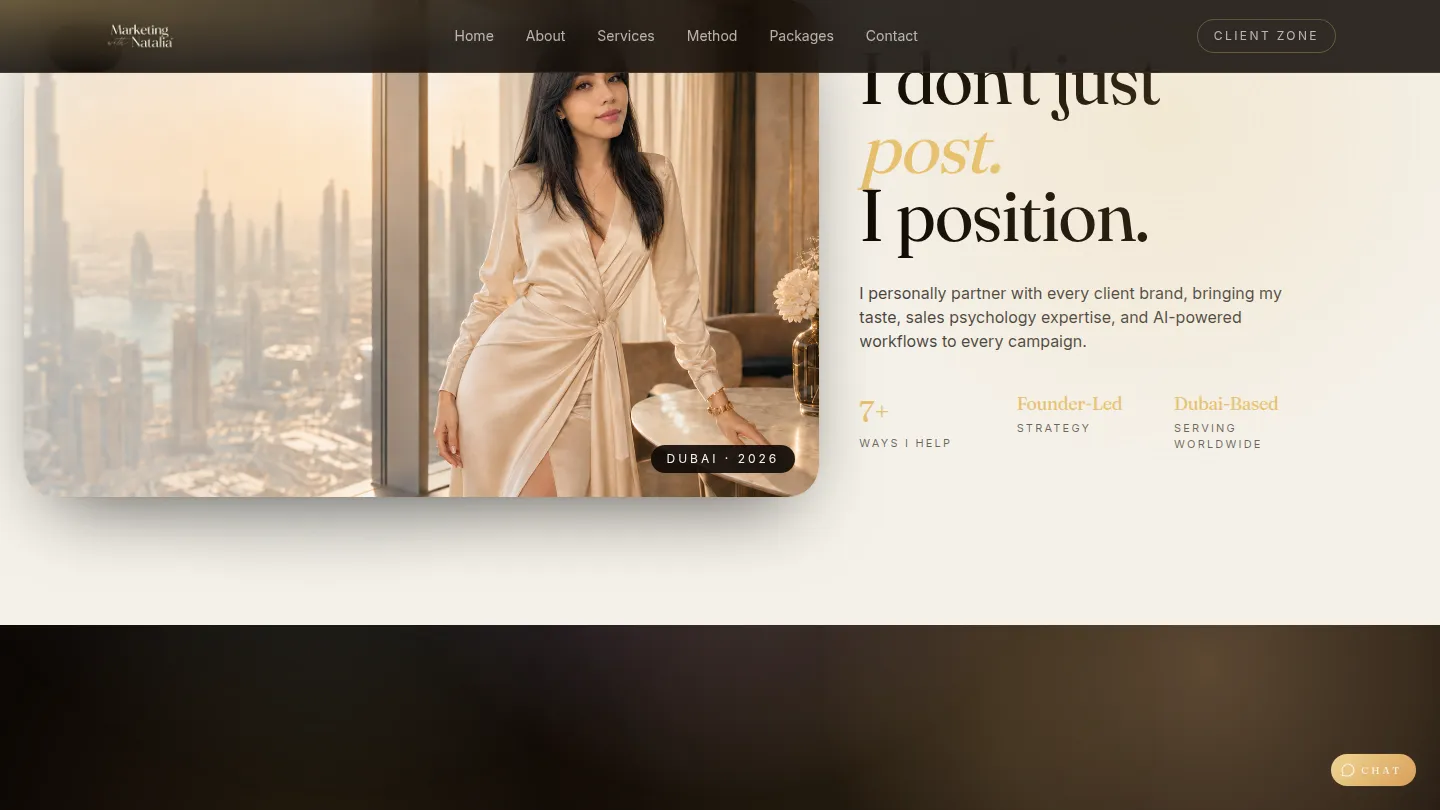 Marketing with Natalia homepage section “I don’t just post. I position.”